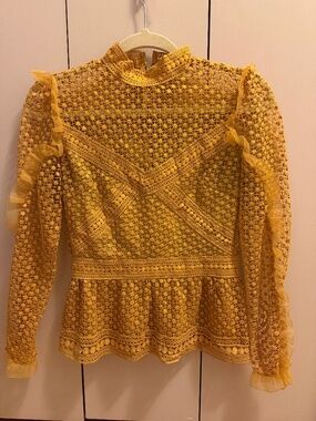 Mustard Yellow Crochet Lace Peplum Top | XS